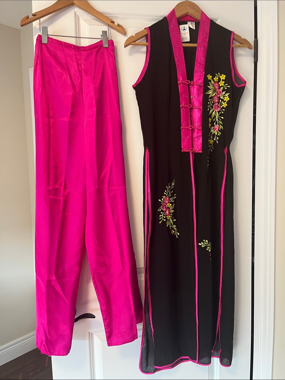 Vintage-Inspired Black & Hot Pink Embroidered Jumpsuit Set